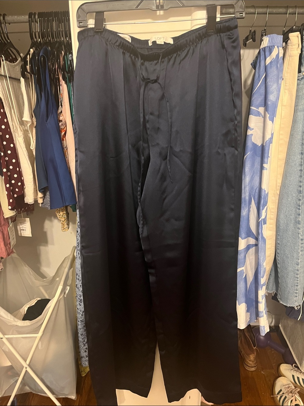 LOFT Navy Satin Wide-Leg Drawstring Trousers
